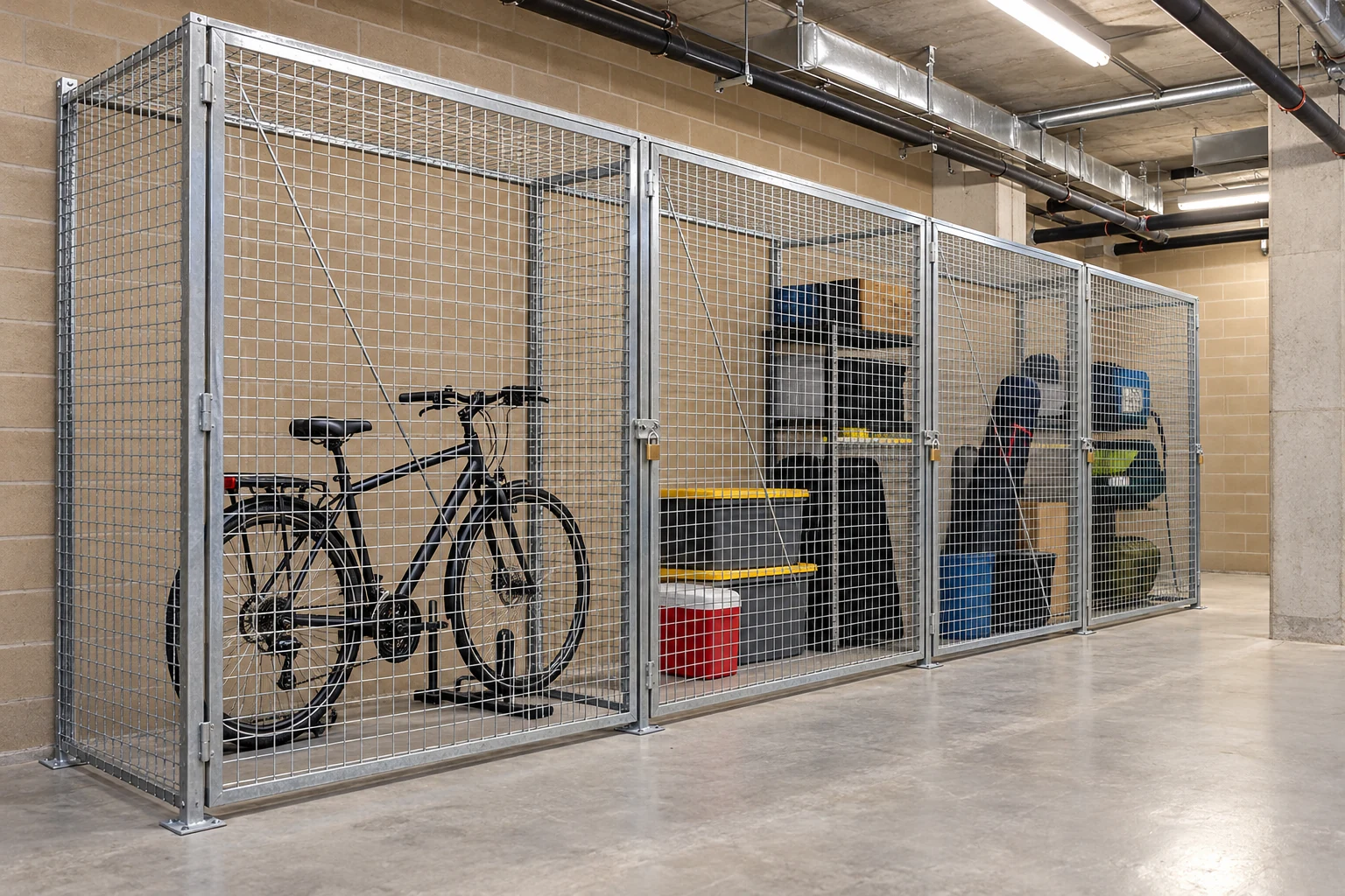 Bicycle stored fully inside an individual mesh tenant locker.