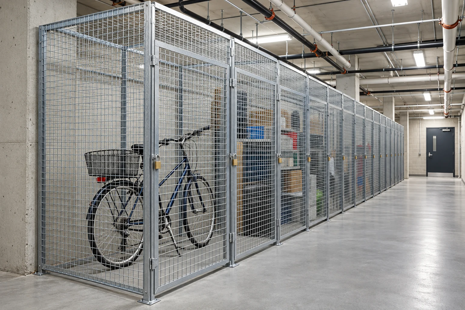 Bicycle and rear basket contained within a full-height tenant locker.
