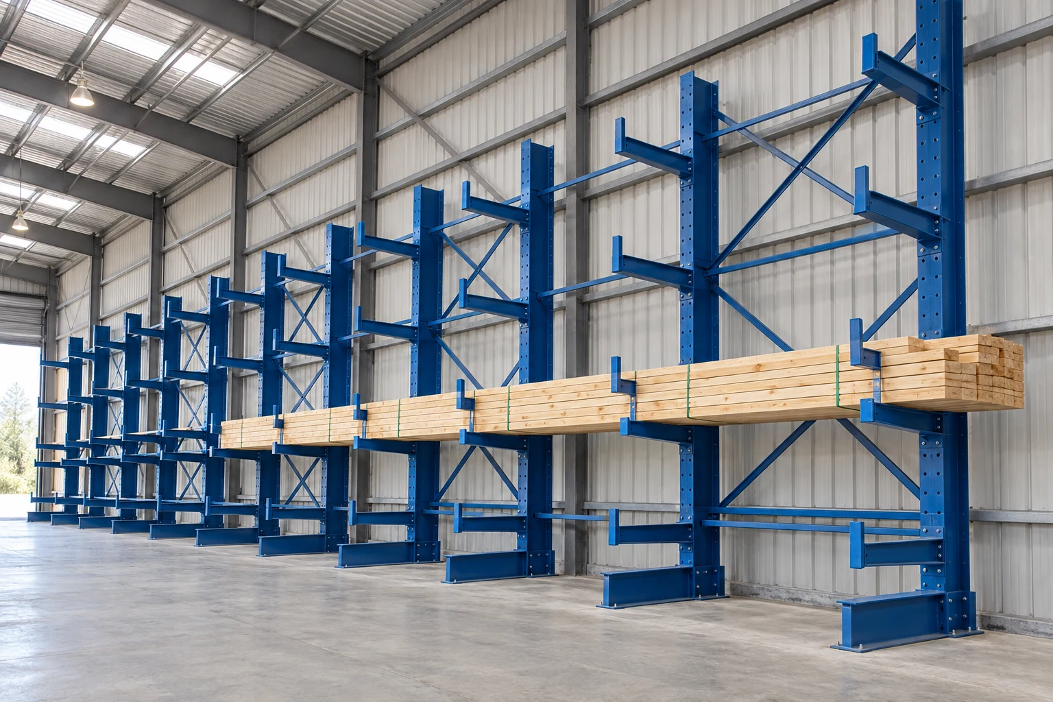 Long cantilever row with braced bays and supported timber stock.