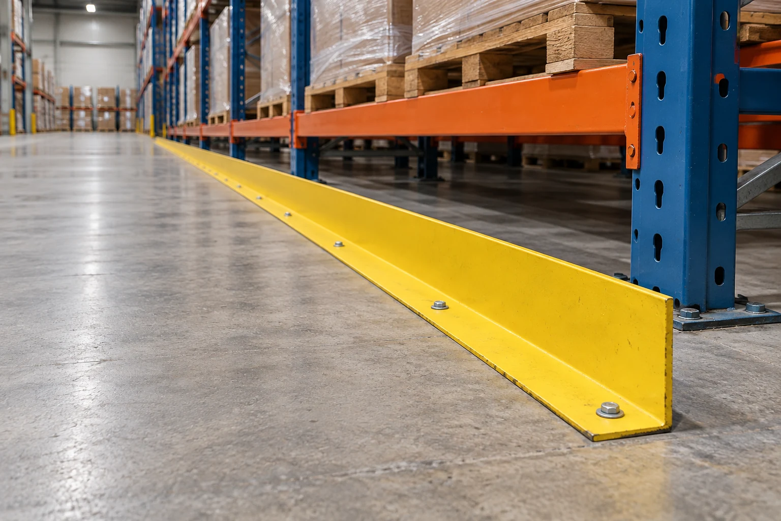 Low structural steel angle guide running along a pallet rack row.