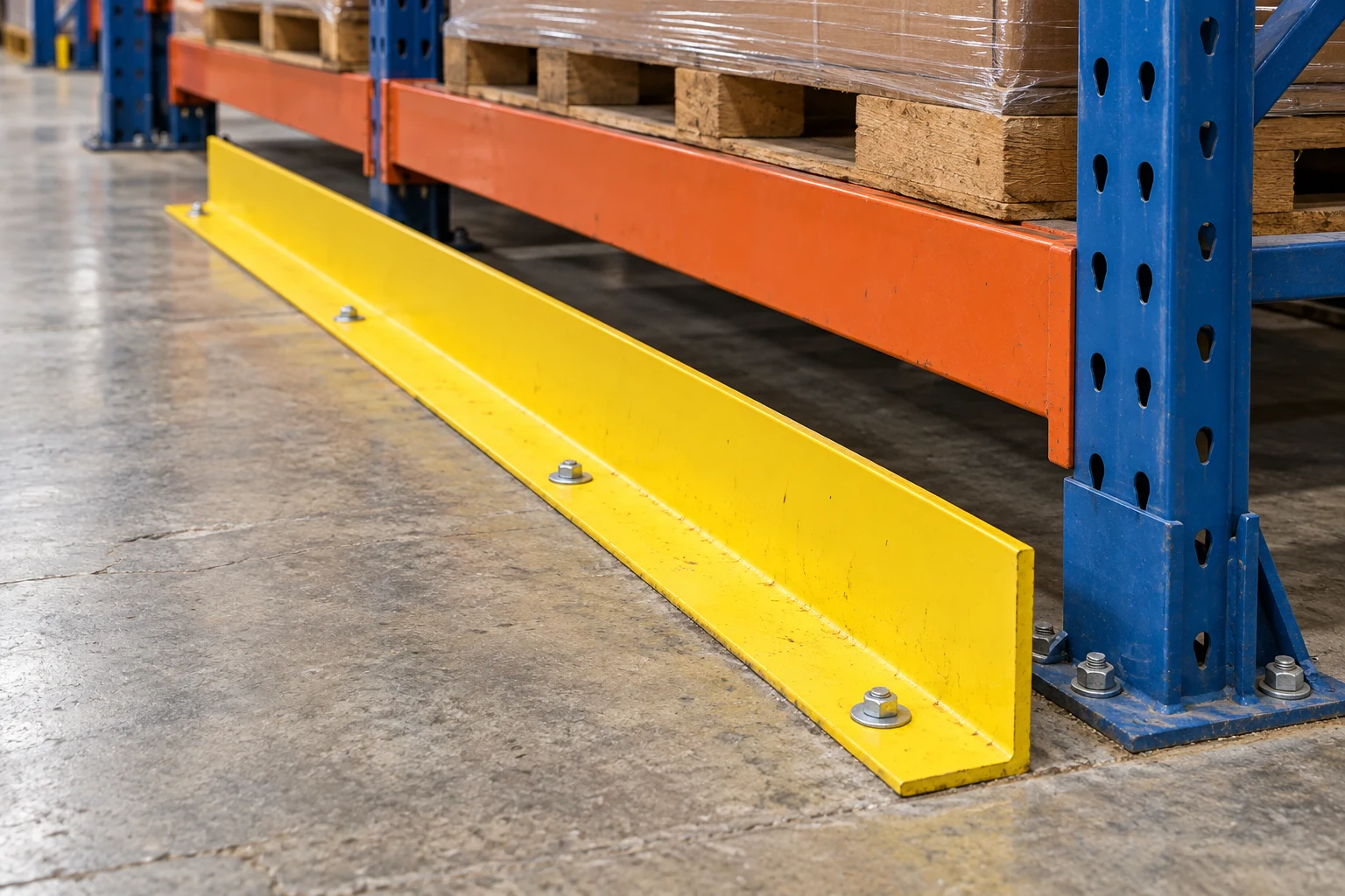 Floor angle profile and anchoring footprint beside a rack base.