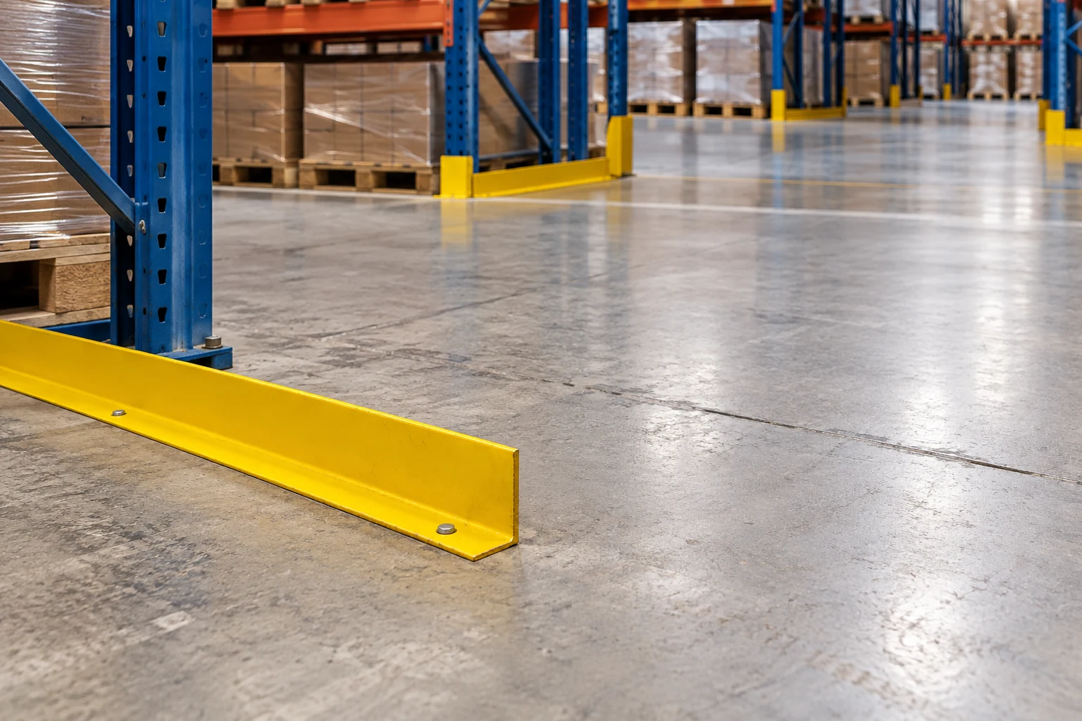 Floor guide termination before an open warehouse cross aisle.