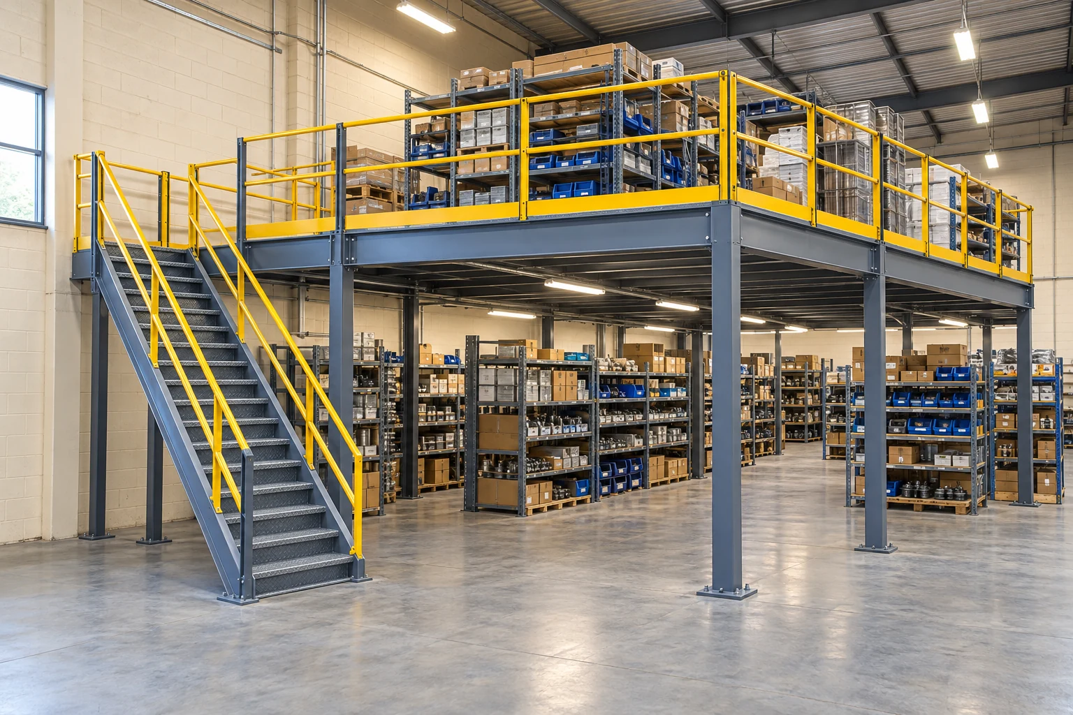 Steel mezzanine staircase with a clear lower approach in a parts warehouse.