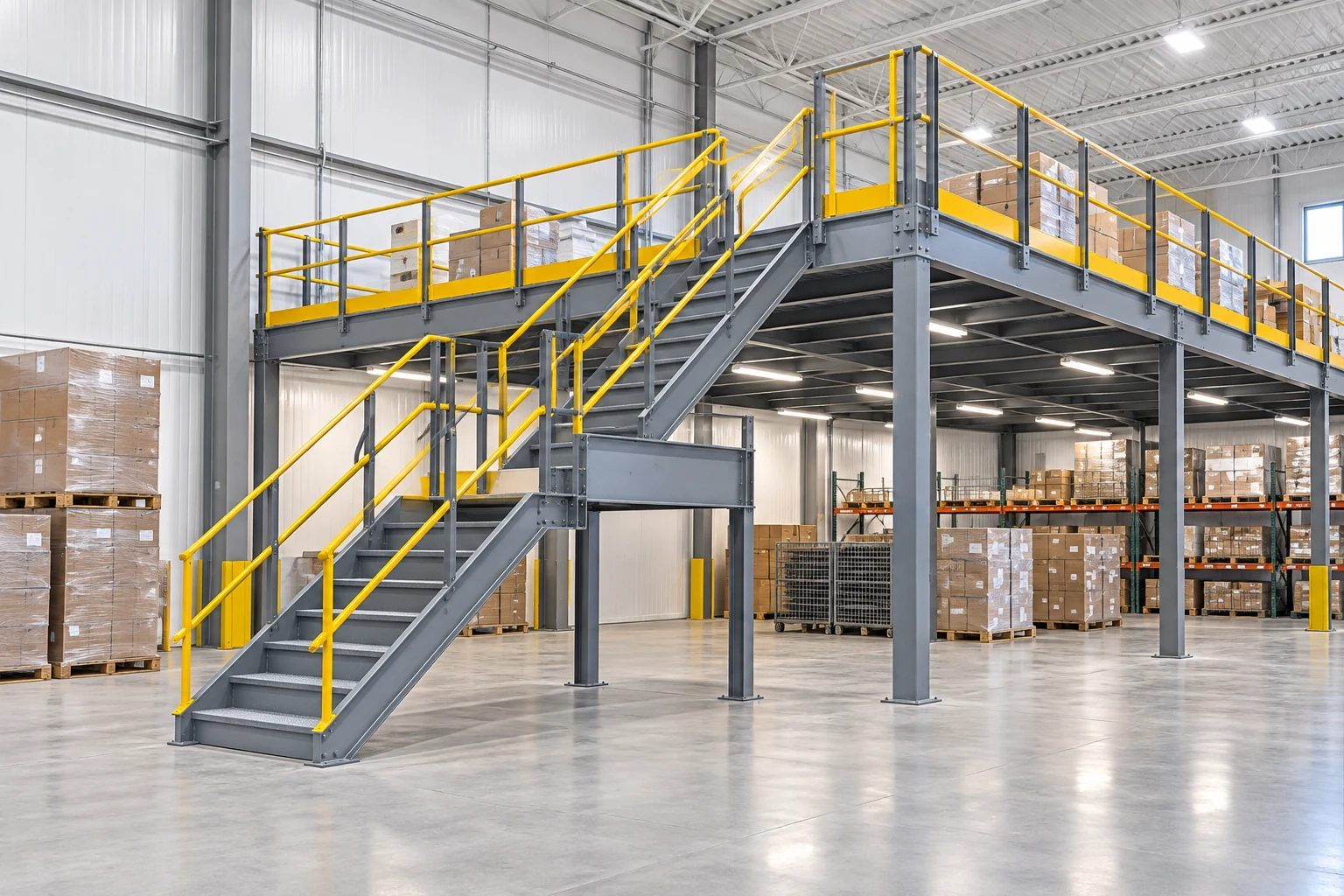 Two-flight mezzanine stair with a supported intermediate landing.