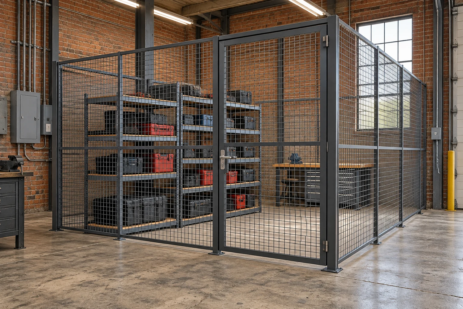Mesh tool crib with freestanding shelves and controlled entry.