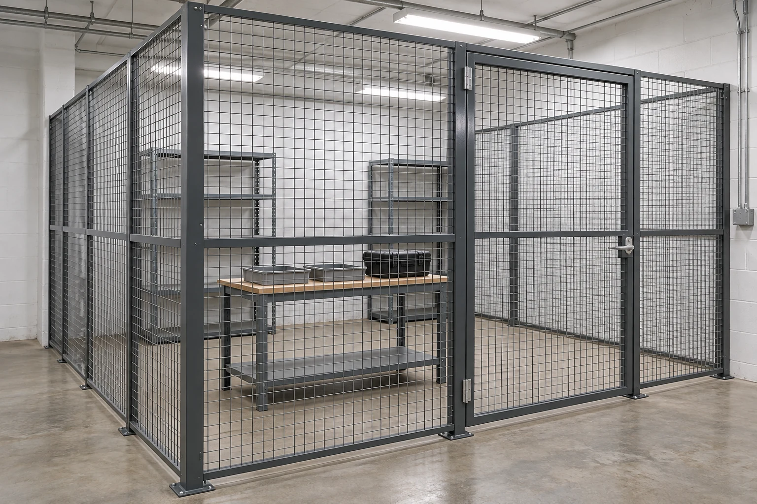 Tool enclosure with a separate return-review workbench and trays.