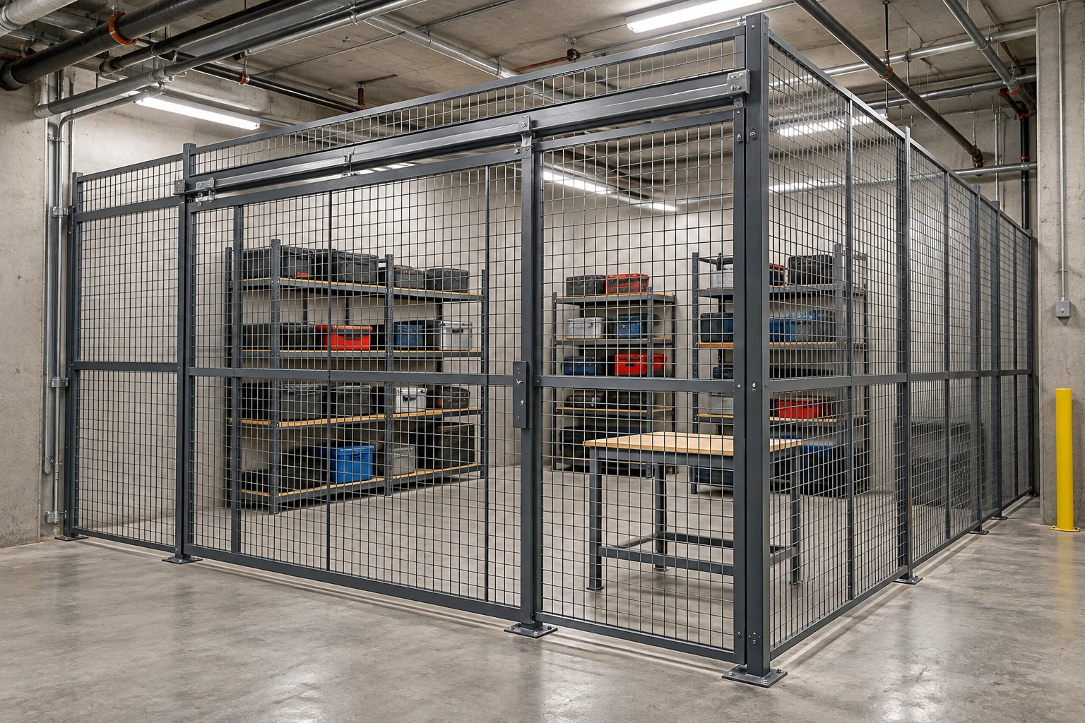 Shelving and return workspace inside a sliding-gate tool crib.