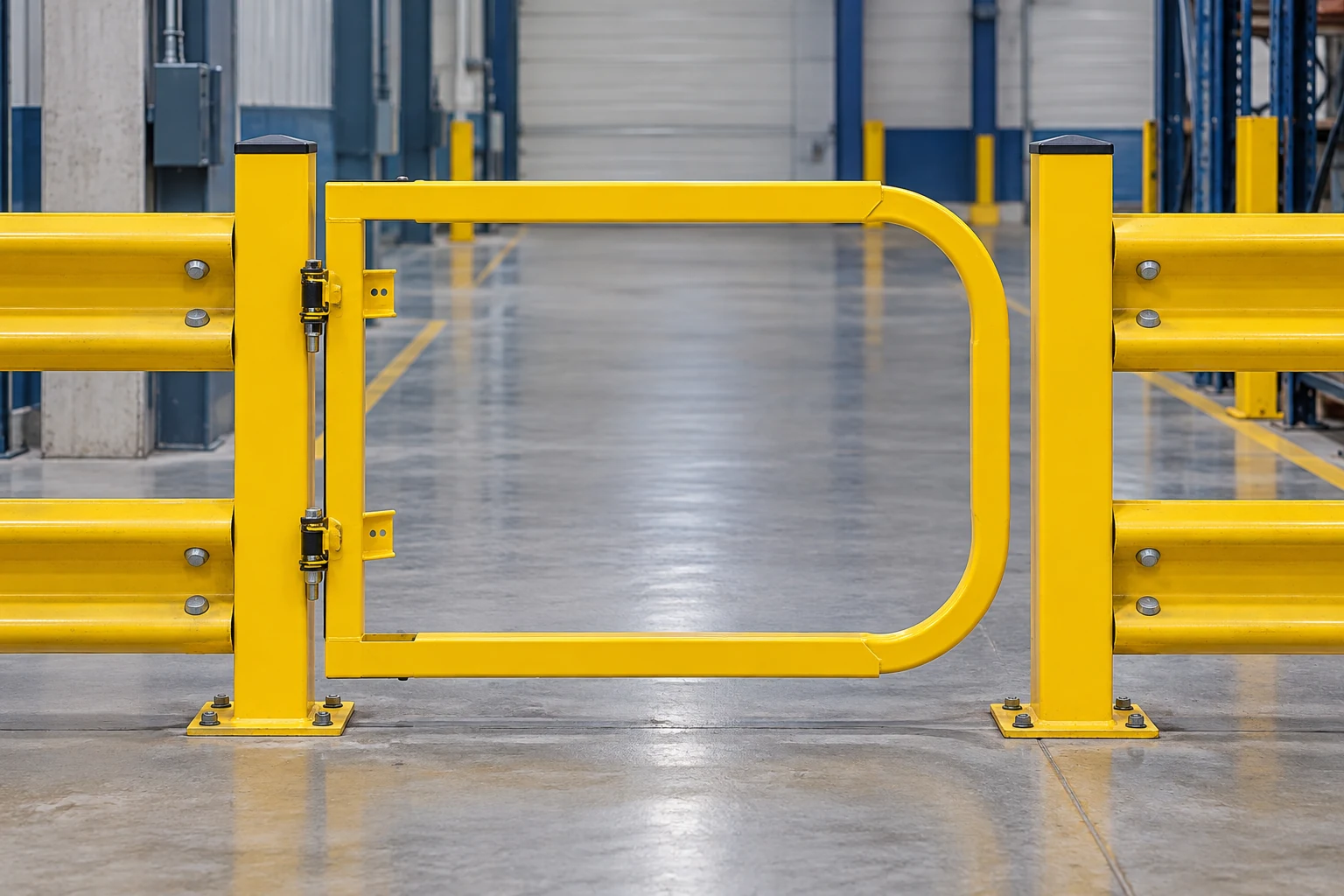 Closed self-closing pedestrian gate between industrial guardrail posts.