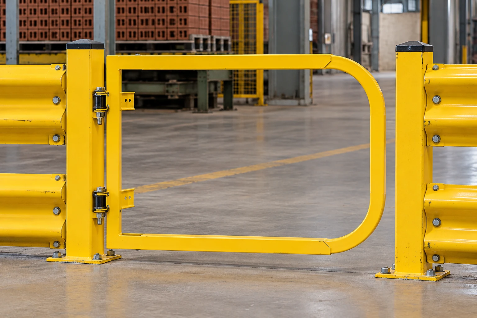 Spring-hinge mounting at a yellow industrial access gate.
