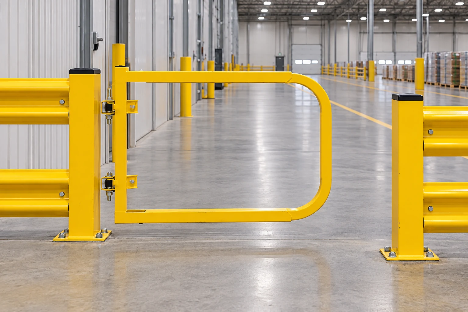 Pedestrian gate and its opening at a ground-level warehouse crossing.