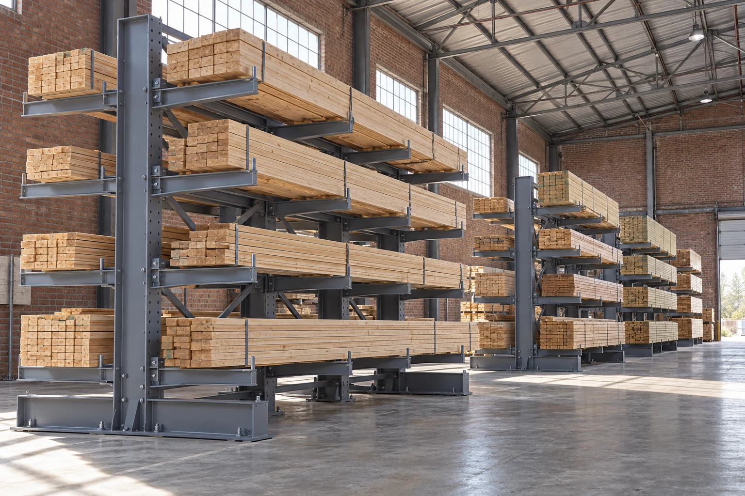 Cantilever storage arranged for bundled lumber.