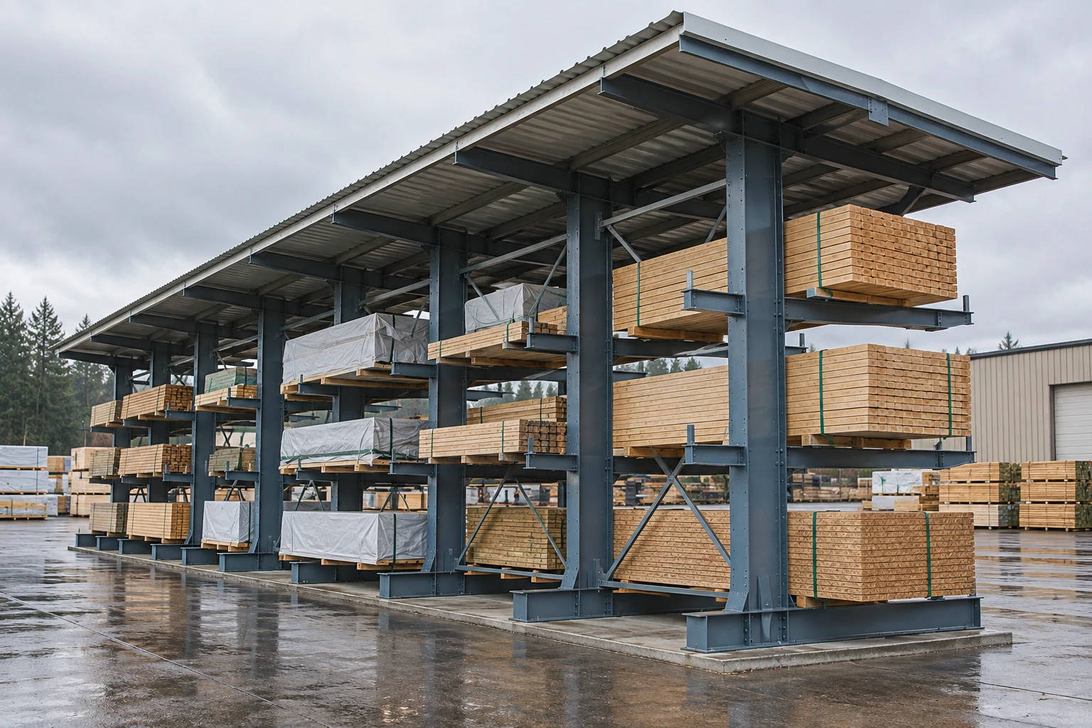 Covered outdoor storage for lumber packs.
