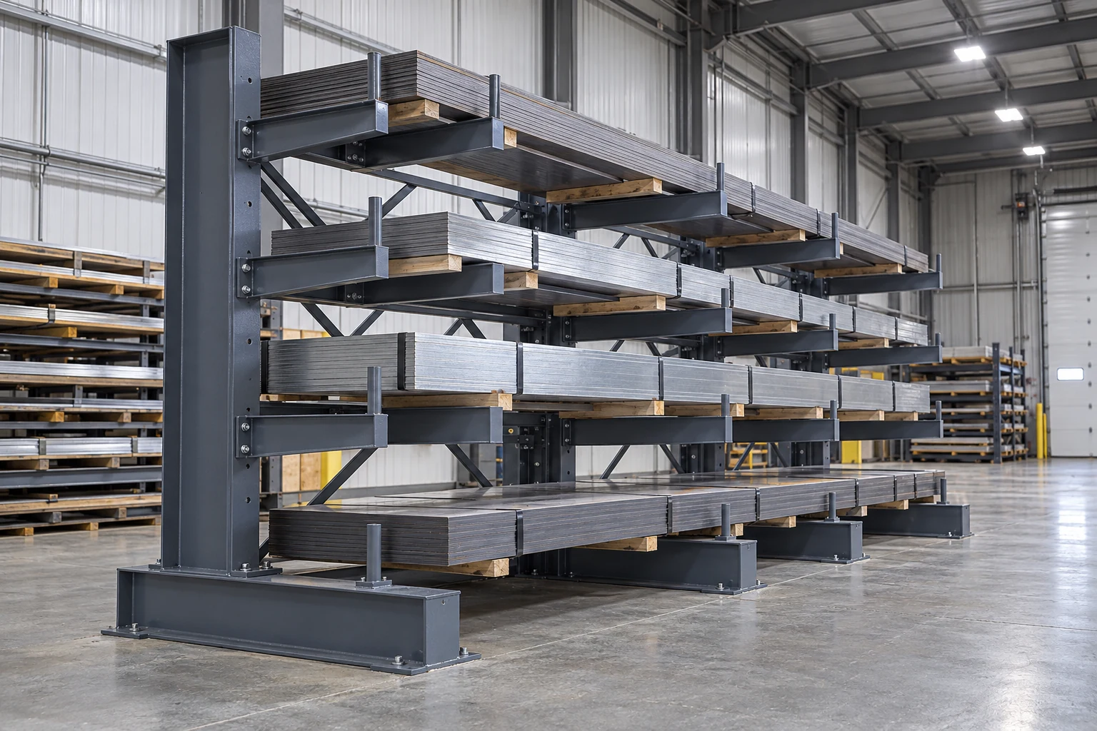 Cantilever storage for flat material packs.