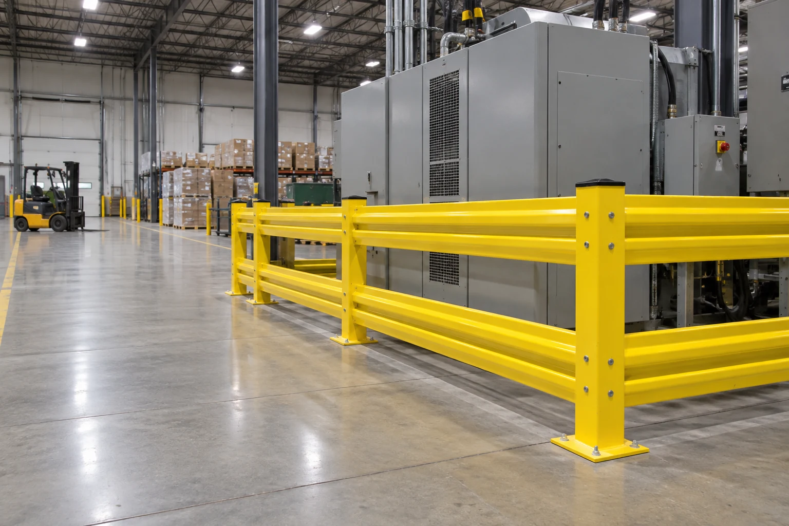 A vehicle barrier separating an aisle from equipment.