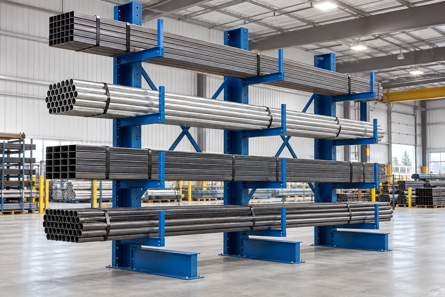 Configured cantilever storage for long industrial loads.