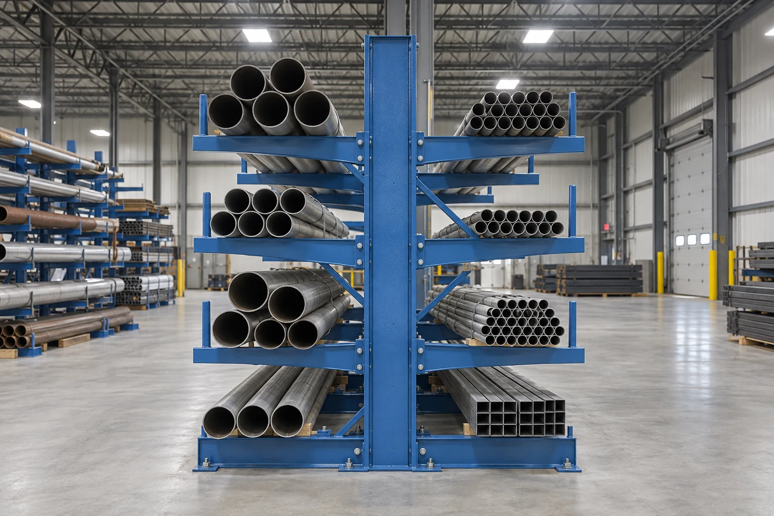 Columns, bases and bracing support the storage arrangement.