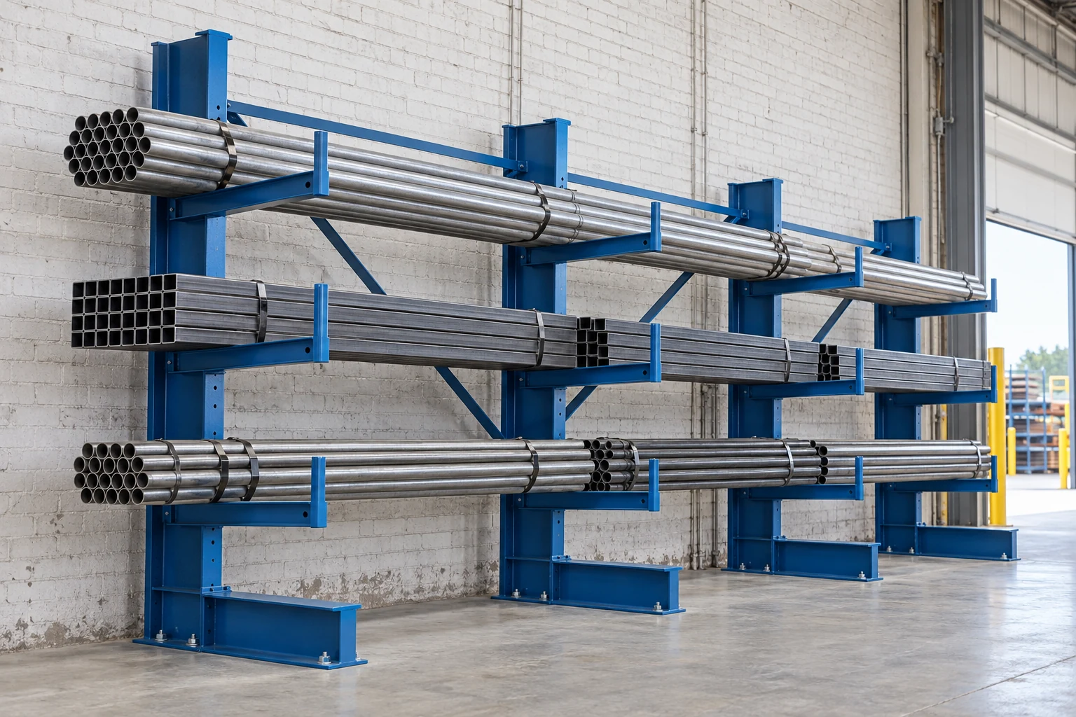 Open-front storage for pipe and tube stock.