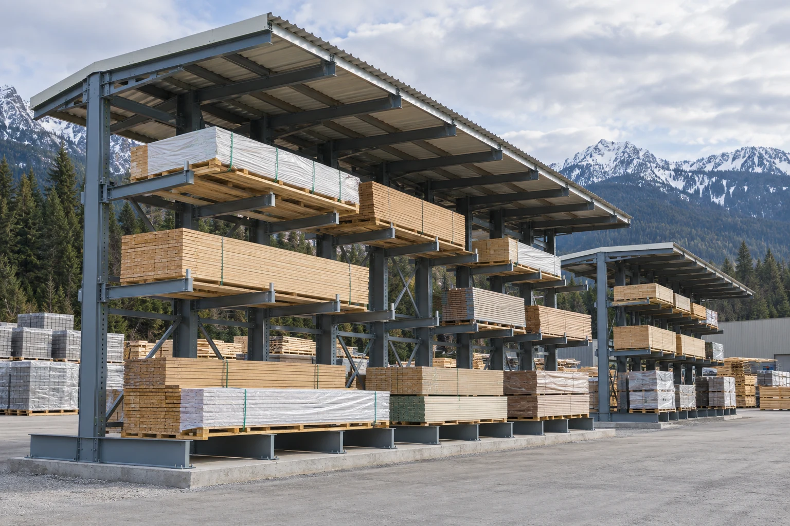 Roofed cantilever storage designed as a complete arrangement.