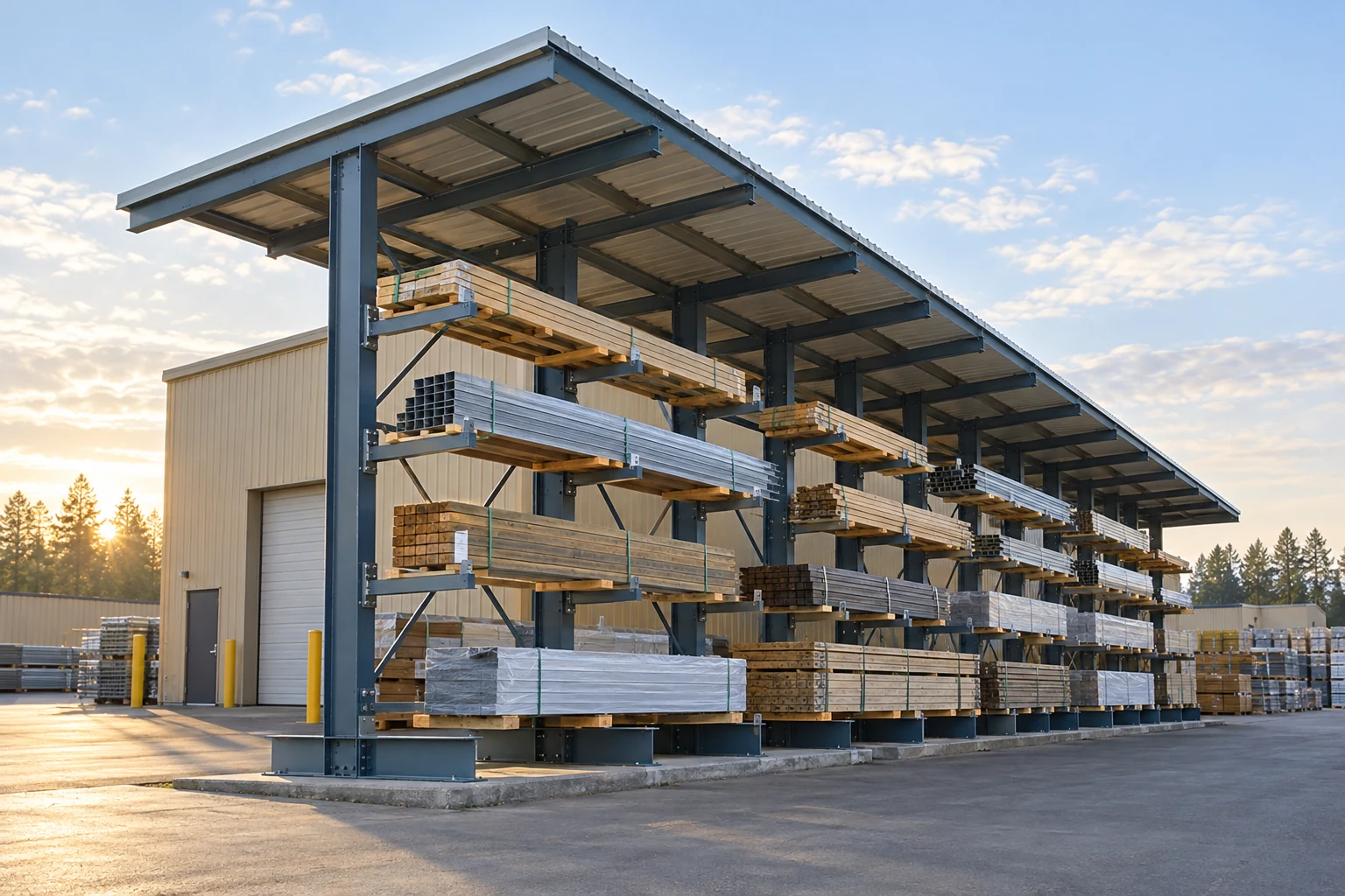 Site access and roof coverage coordinated for outdoor storage.