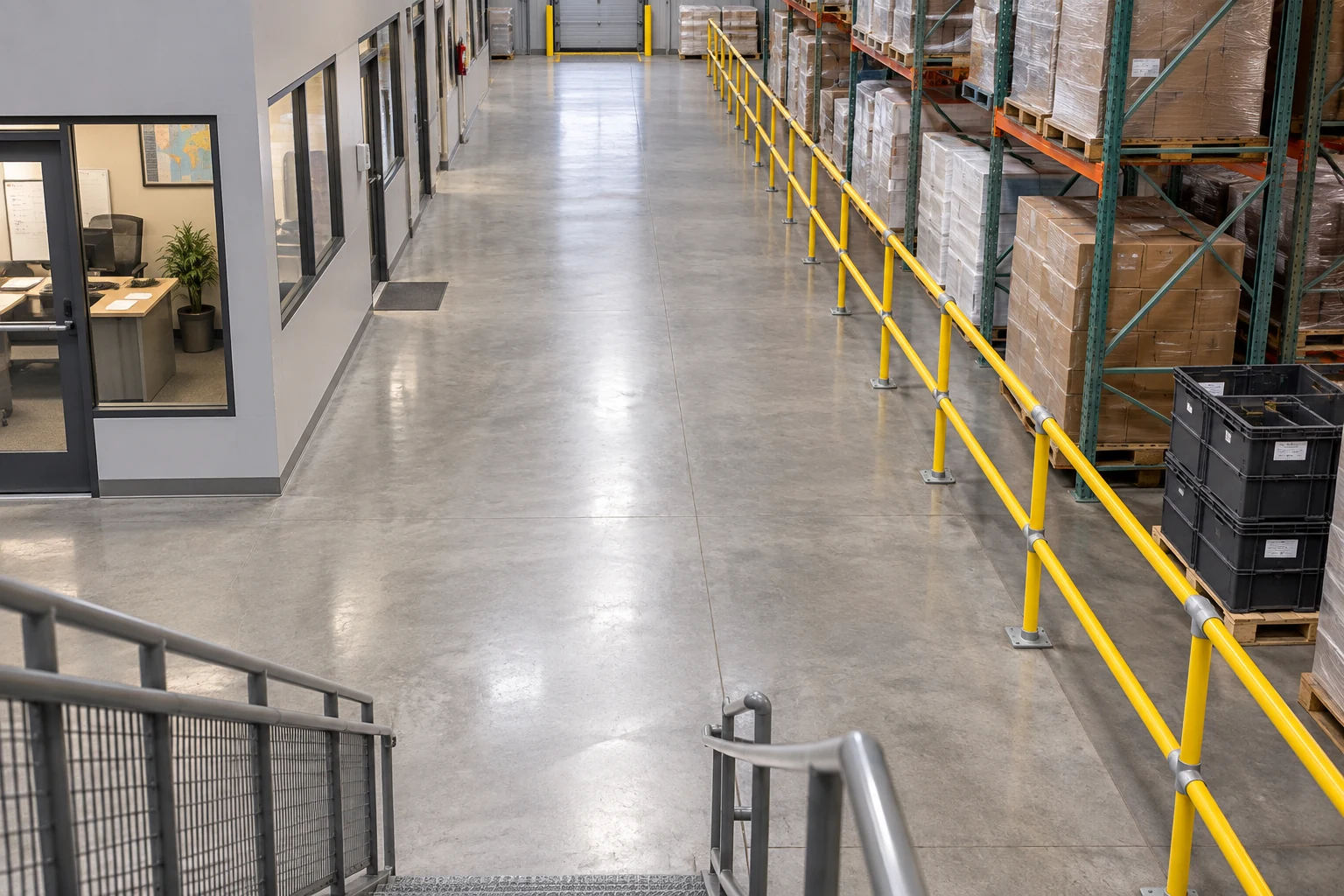 Pedestrian barriers connect workplace destinations.