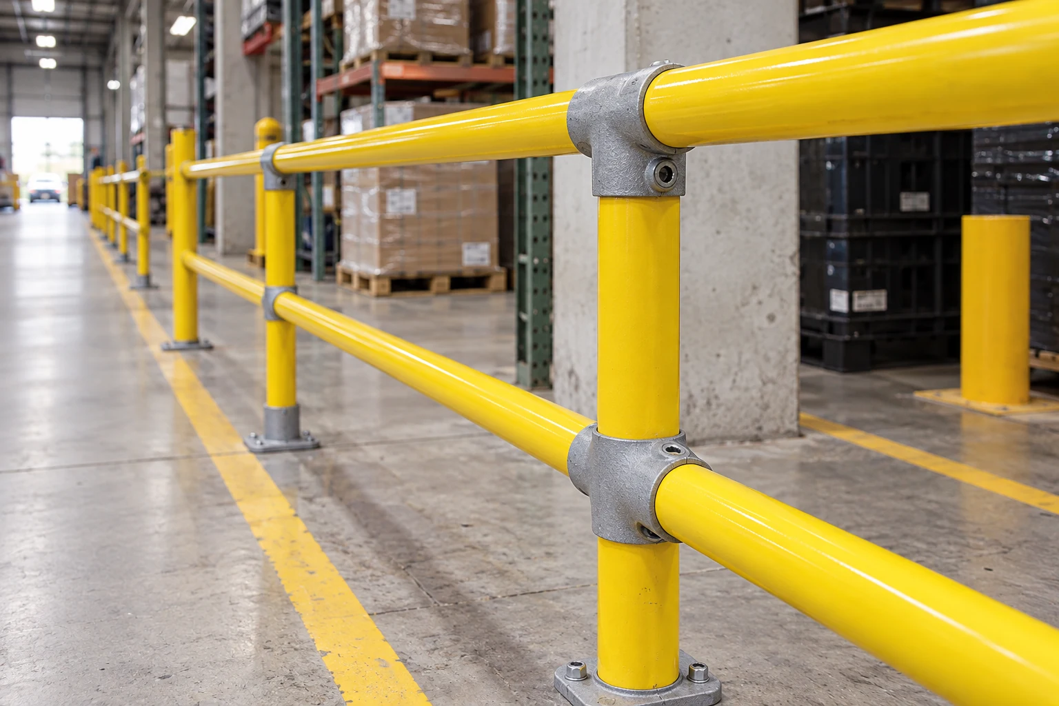 Modular rail connections used in a pedestrian barrier.
