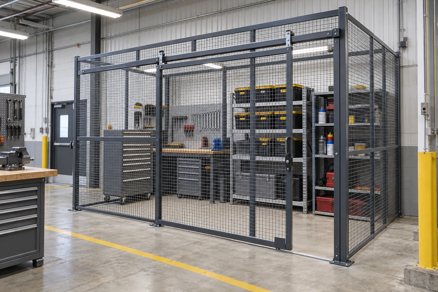 A wire-mesh enclosure organized for tool storage.