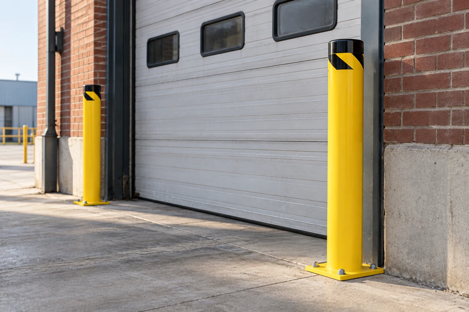 Bollards positioned beside a loading-door opening.