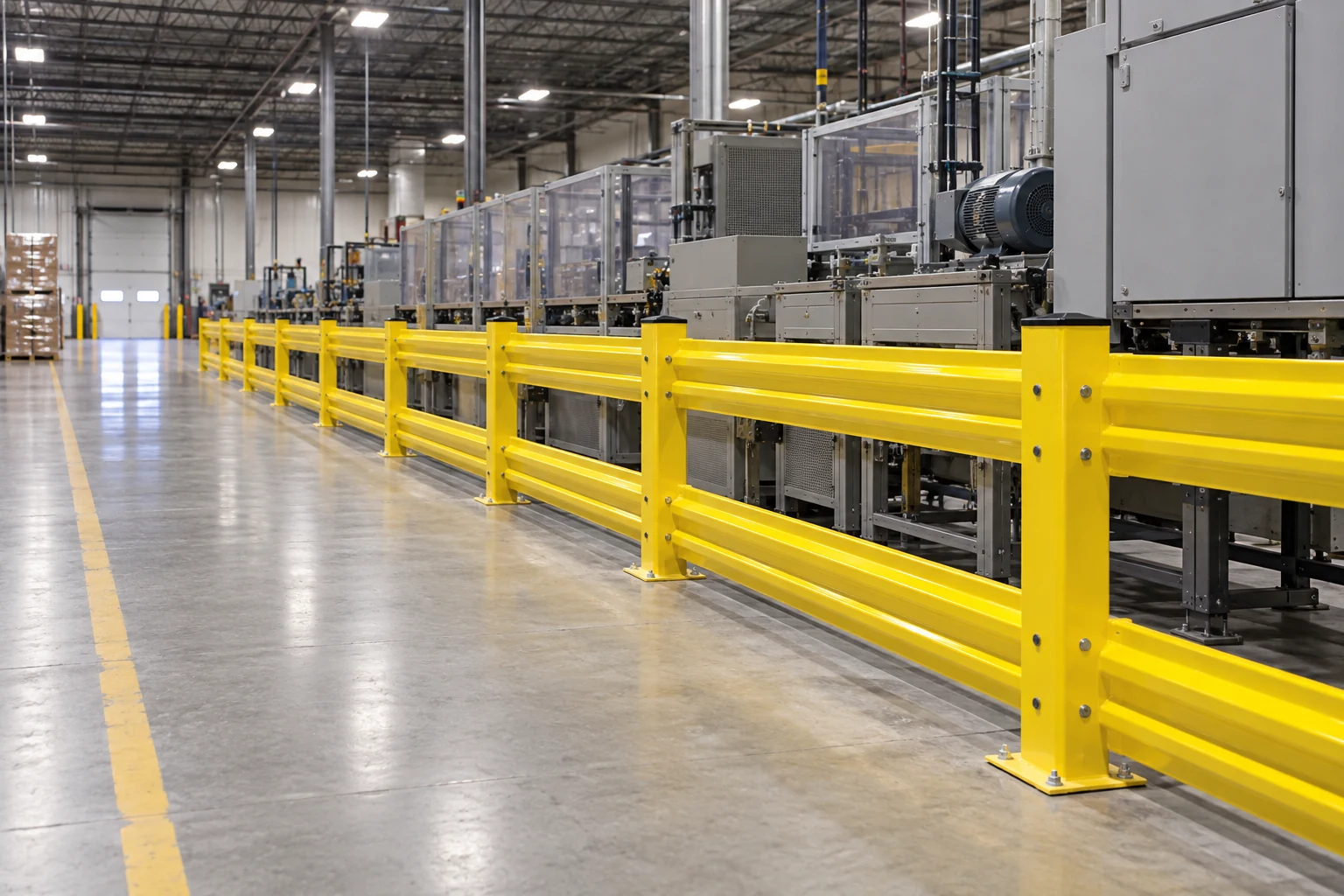 Continuous guardrails protect a longer equipment boundary.
