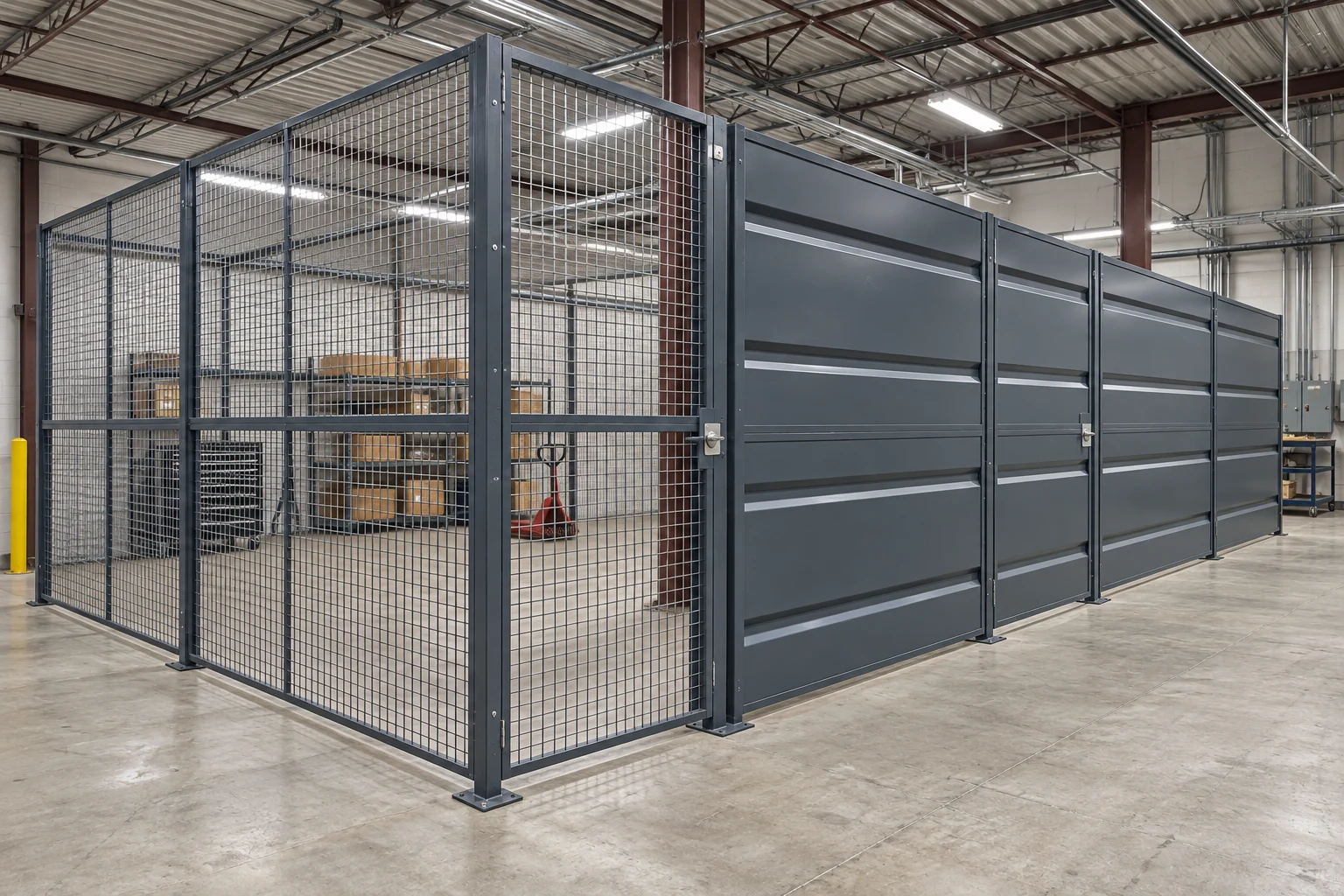 Mesh and opaque partitions provide different visual boundaries.